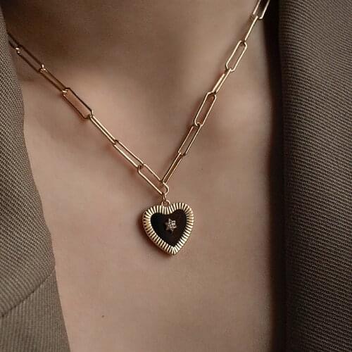 Trendy Black Heart Star Pendant Necklace Vintage Gold Color Thick Clavicle Chain For Women Kpop Charm Geometric Statement Choker