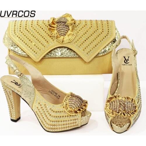 New Arrival Italian Design 2021 African High Heel Fashion Nigerian Style Hot Selling Women Shoes and Bag Set in Golfen Color