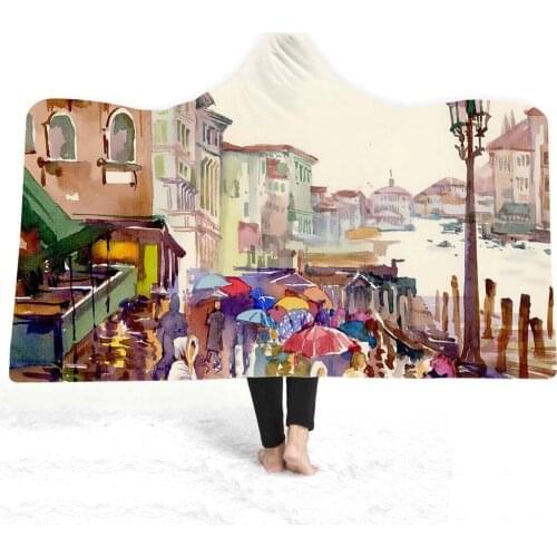Small Town Scenery Pattern Printed Hooded Blanket Cashmere Double Layer Thermal Heating Polyester Home Office Modern Magic Cape