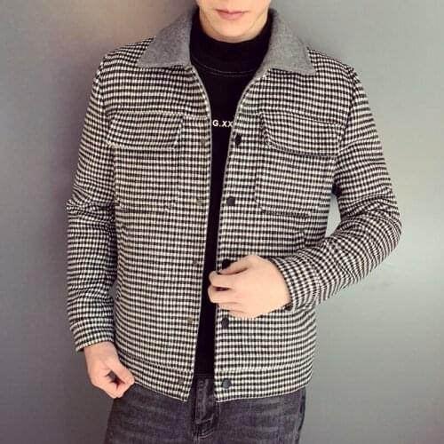 Autumn Winter Overcoat Woolen Coat Gray Coffee Plaid Smart Casual Mens Wool Coat England Middle Long Coats Jackets Slim Fit Male