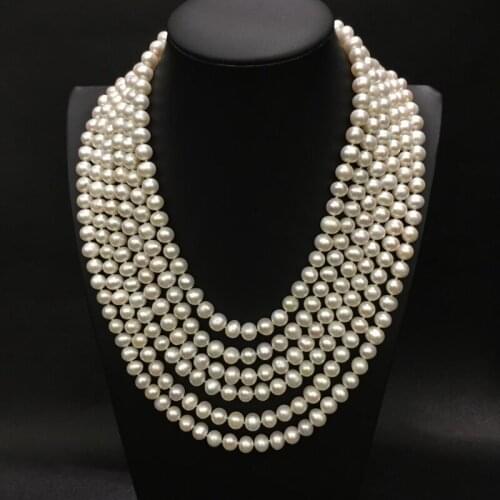 8-9MM naturl freshwater pearl necklace 6 layers classic wedding necklace nearround fine women jewelry free shipping