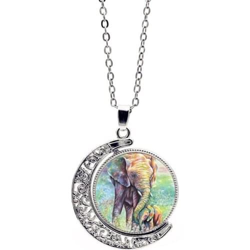 Elephant Pattern Double Side Rotation Moon Glass Pendant Necklace Copper Sweater Chain Necklace Women Men Jewelry Gift