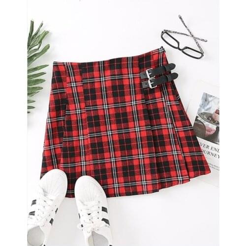 Plaid Pleated Skirt Preppy Style Tartan Belt Buckle Japanese School Kawaii Saia Harajuku Mini Cute Skirts
