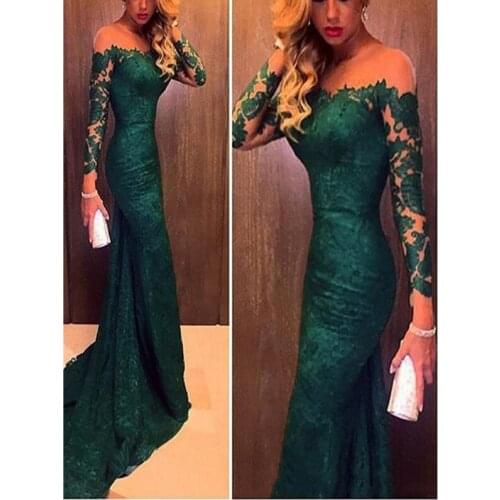 Stunning Dark Green Evening Dresses Boat Neck Lace Mermaid Evening Party Gowns Backless Long Sleeve Evening Gowns for Women