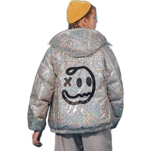 Down jacket Men and women of the same style couple neutral face print hooded white eiderdown down jacket