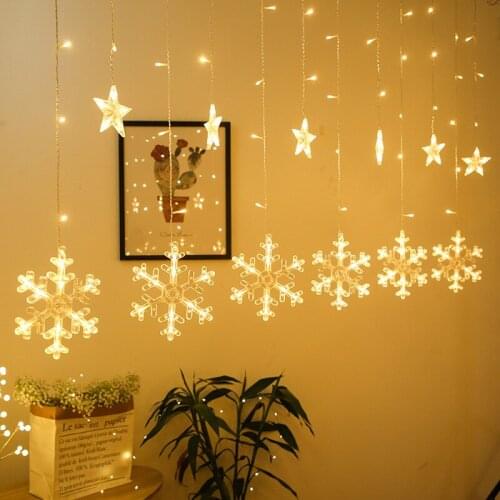 Navidad 2021 Christmas Decoration for Home Fairy Lights Garland Led Snowflake Star Deer Wedding Party Curtain Lights New Year
