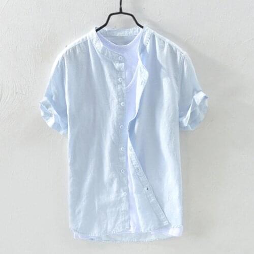 2019 summer new thin section fresh breathable short sleeve solid color linen shirt mens beach casual sunscreen cotton shirt