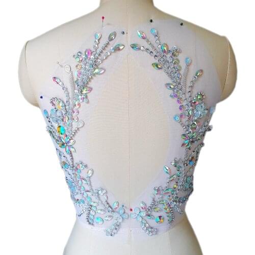 HAND Beaded Sewing Custom Made 31x34cm Back Sew on Prom Evening Dress Rhinestones Designs AB Applique Patch Sewing diy for Dance