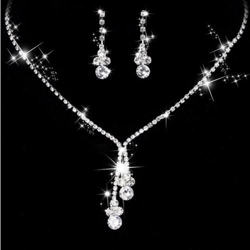 New Fashion Luxury Elegant Bridal Jewelry Sets Crystal Silver Color Rhinestone Alloy Stud Earrings & Necklace Sets For Women