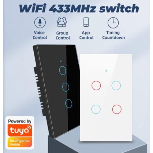 Smart Wifi Wall Light Switch No Neutral Wire 1 2 3 4 Gang, Tuya Smart Life App, 433 RF 110-240V US, Support Alexa Google Home
