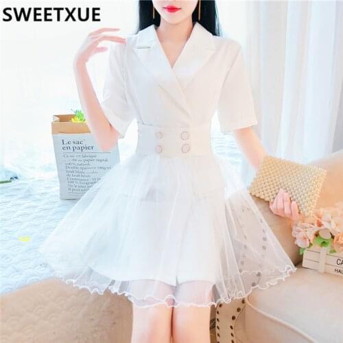 SWEETXUE 2021 Summer New Womens Female Professional OL Temperament Mesh Double Breasted Elegant Fashion Dress