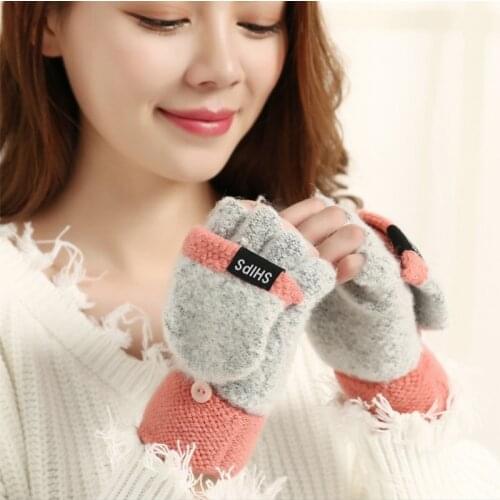 2020 Winter Womens Warm Gloves New Thick Wool Knitted Fingerless Half Finger Fingerless Flip Jacquard Pure Color Stitching