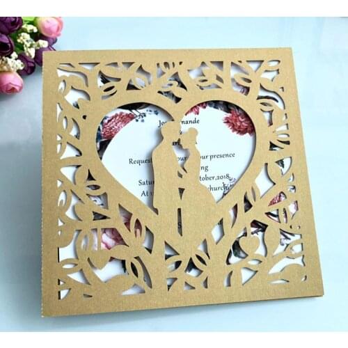 100 pieces/lot) Personalize Print Square Gold Wedding Invitation Card Laser Cut Lovers In Heart Engagement Invitations IC054