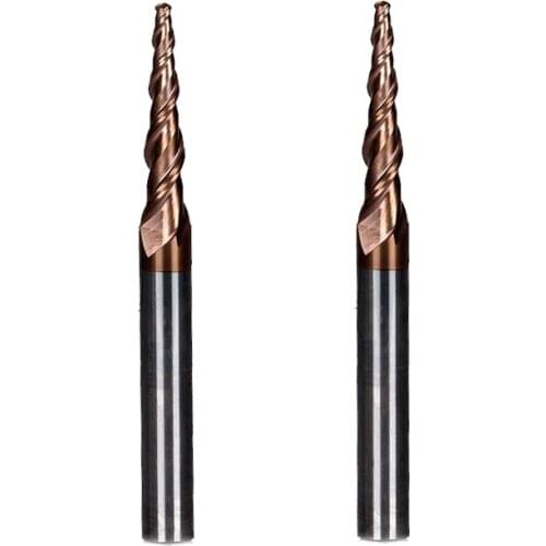 2pcs/lot HRC55 R1mm Tungsten solid carbide Coated Tapered Ball Nose End Mills taper and cone endmills R1*D6*30.5*75L*2F