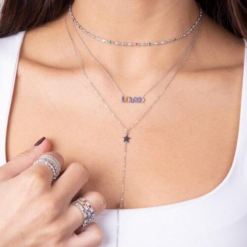 2019 fashion jewelry Delicate round bezel Cz Link chain Rainbow color choker necklace for women