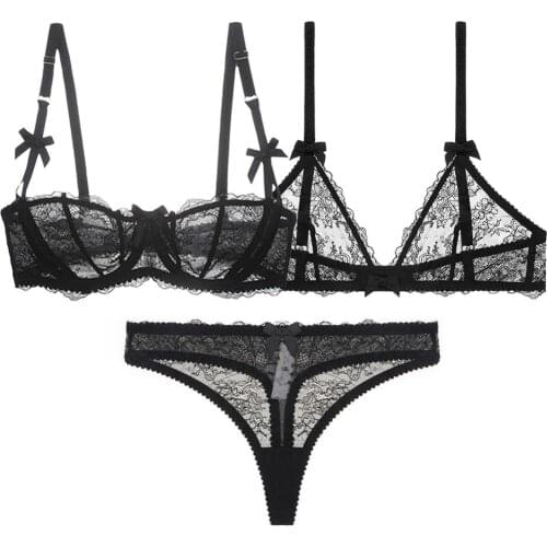 Sexy Flower Lace see through Underwear 1/2 half cup 3/4 cup underwire Bra + wire free Bra + Thong 3pcs Lingerie set