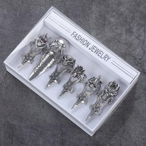 6pcs/set Fashion Dragon Long Ring for Women Mens Punk Animal Skull Finger Long Rings Men Vintage Jewelry Accessories Gifts