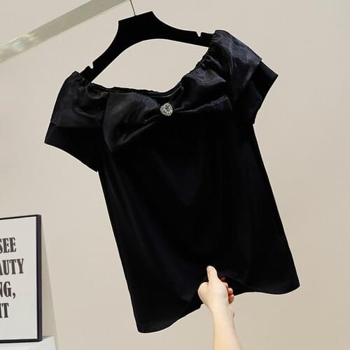 Slash Collar Blouses Woman Sweet Tridimensional Big Bow Decorative Off-Neck Short Sleeve Shirt Slim Fit Lady Chic Top Blusas