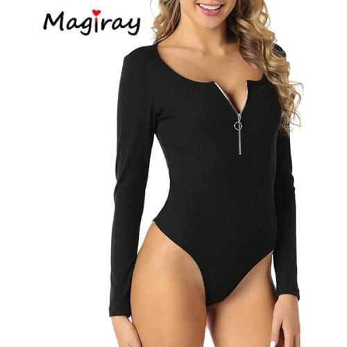 Long Sleeve Zipper Bodysuit Tops Women 2020 New Sexy Bodycon Skinny Scoop Neck Body Suit outfits Ribbed Female jumpsuit white