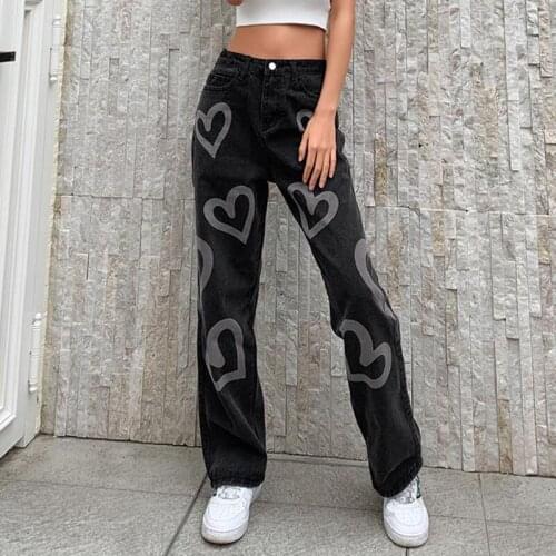 Heart Print Black Straight Jeans Women Summer Fashion Slim High Waist Jeans Woman Casual Baggy Denim Pants