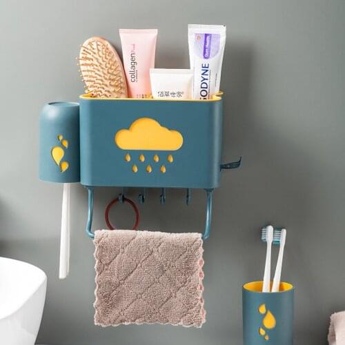 Wall-mounted Toothbrush Holder Cartoon Multipurpose Holder Teeth Brush Dust-proof Towel Holder With Hooks Bathroom Accessories