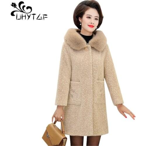 UHYTGF Quality mink cashmere winter wool coat Women fashion fur collar hooded female woolen jacket thick warm plus size coat1039