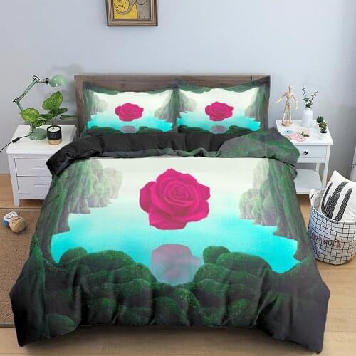 3D Landscape Bedding Set Bedclothes Giant Red Rose With Heart Cave And Sea Duvet Cover Surreal Scenery Print Bed Set King 2/3PCS