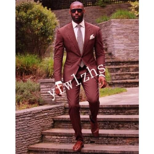Handsome Stripe Groomsmen Peak Lapel Groom Tuxedos Mens Wedding Dress Man Blazer Prom Dinner (Jacket+Pants+Tie) A210