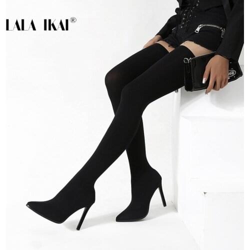 LALA IKAI 2020 New Autumn Winter Women High heels Knee Boots Overheight Boots 9CM Fashion Long Riding Booties Female botas mujer