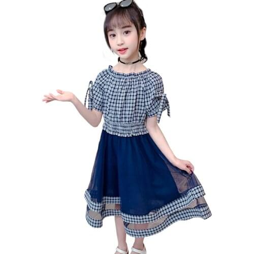 Summer Dresses For Girls Plaid Pattern Girl Party Dress Mesh Dress For Children Patchwork Childrens Clothing 6 8 10 12 14