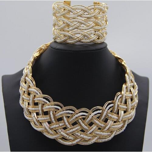 New Arrival Gold Color African Beads Jewelry Set Woven Bracelet Necklace Party Engagement Wedding Jewelry Sets Accessories