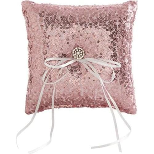 New Wedding Ring Pillow Satin Ribbon Rhinestone Sequins Bearer Pillow Wedding Decorations Western Wedding Sequins Wedding Ring