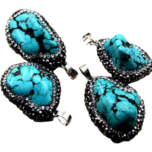 Blue Stone Necklace with Crystal DIY Irregular Stone with Full Crystal Filled DIY Charm New Pendant Accessory