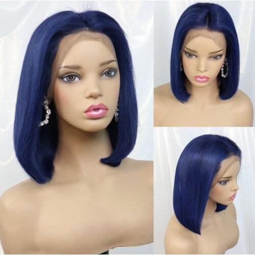 Dark Blue Bob 13x4 Human Hair Wigs Brazilian Remy Straight Short 13x4 Lace Front Wig Pre Plucked with Baby Hair Bleached Knots