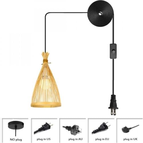 Retro Single Pendant Lighting Corridor Bamboo Lantern Ceiling Light Plug In Cord Hanging Lighting for Kitchen Island In Yellow
