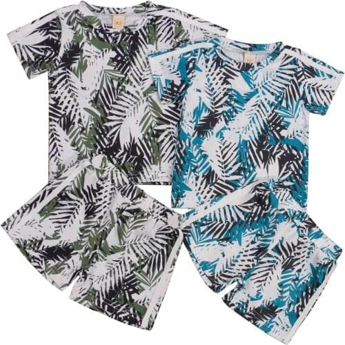 Pudcoco 0-3Y 2Pcs Tracksuit Summer Baby Boys Kids Short Sleeve Leaves Print Casual Fashion T-Shirt Tops+Shorts Pants Outfit Set