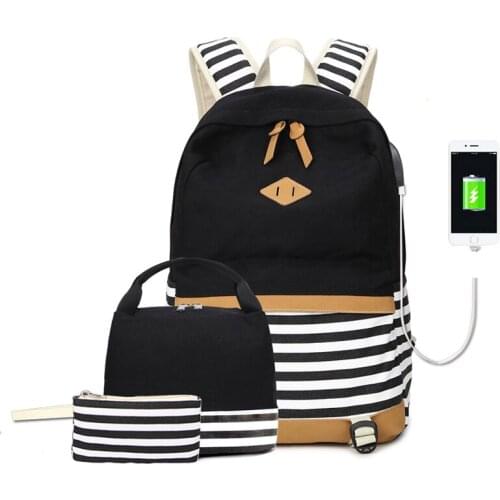 Stripe Backpack+Meal Pack+Pencil Case USB Charging Backpack 3 Pcs Set Backpacks School for Teens Student Bag Cute Backpack Women