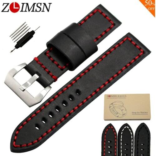 ZLIMSN Sport Genuine Leather Watch Straps Replacement 20 22 24mm Watchband Red Stitched Silver Brushed Stainless Steel Buckle