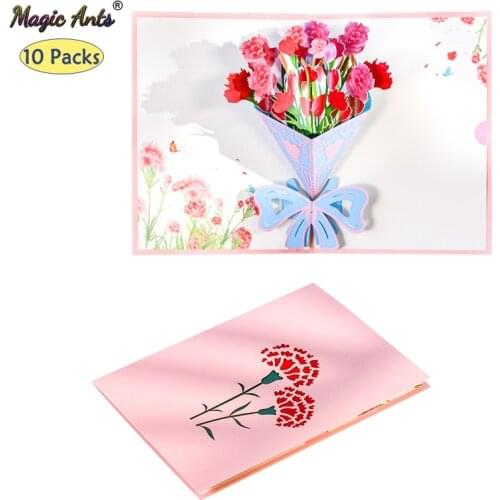 10 Pack Pop-UP A Bouquet of Carnations Flowers Card Birthday Gift Cards Mothers Thanksgiving Day Greeting Card Wholesale
