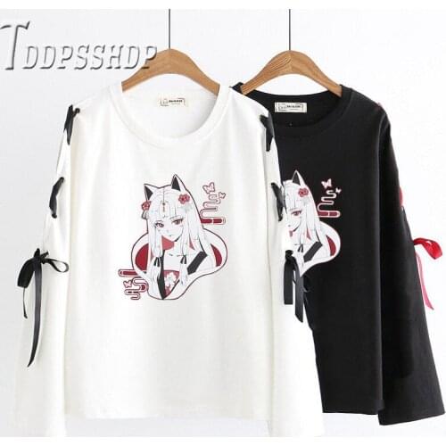 2019 New Harajuku Anime Women T Shirt Lining With Fluff Sleeve With Bandage Female Tee Shirts