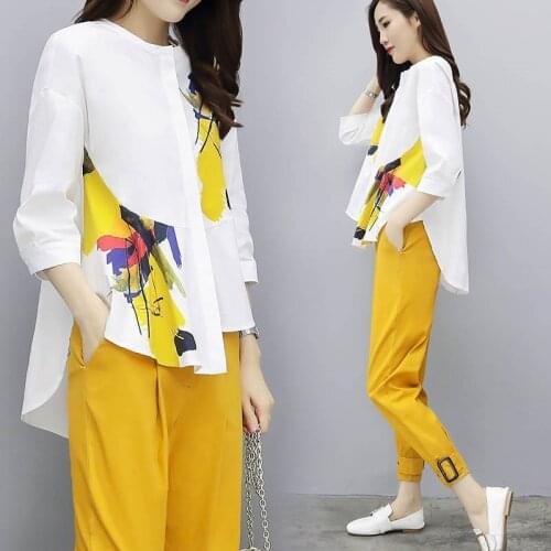 2020 New Womens Spring Two-piece Set Fashion Irregular Shirt Top and Trousers Casual Female Work Suits Women Pant Set