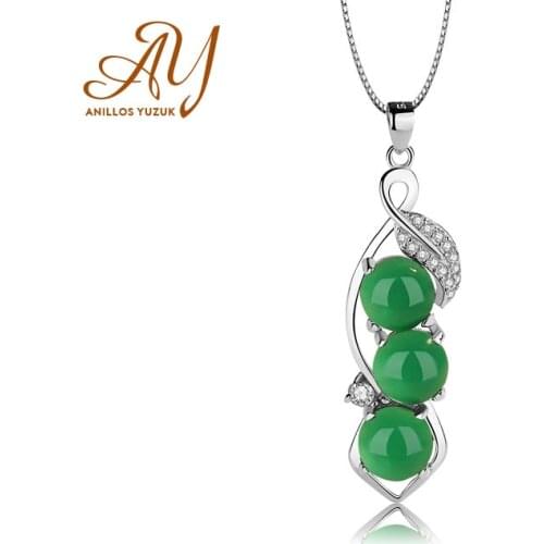 Anillos Yuzuk Natural Green Chalcedony Pendants 925 Silver Color Necklace For Women Agate Jade Gemstone Peas Pendants Necklace