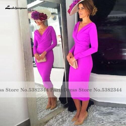 Hot Pink Vintage Mother Of The Bride Dress for Wedding Party 2020 Robe Marocaine Sexy Women Long Sleeve Evening Dress Tea Length