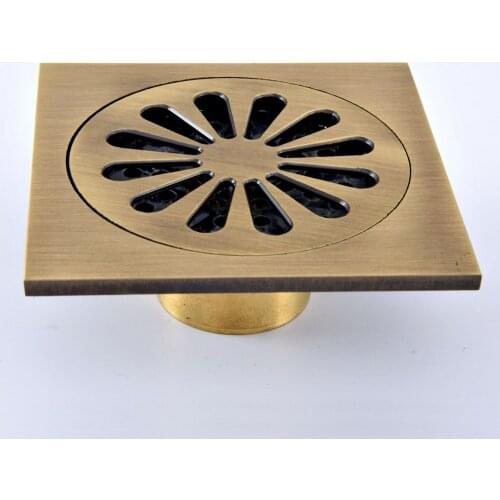 Antique Brass Vintage Carved Flower Pattern Bathroom Shower Drain 4" Square Floor Drain Waste Grates Bathroom Accessory mhr076