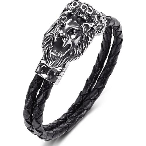 Fashion Punk Jewelry Braided Leather Bracelets Men Stainless Steel Crown Lion Charm Leather Bangles Wristband Male Gifts P542