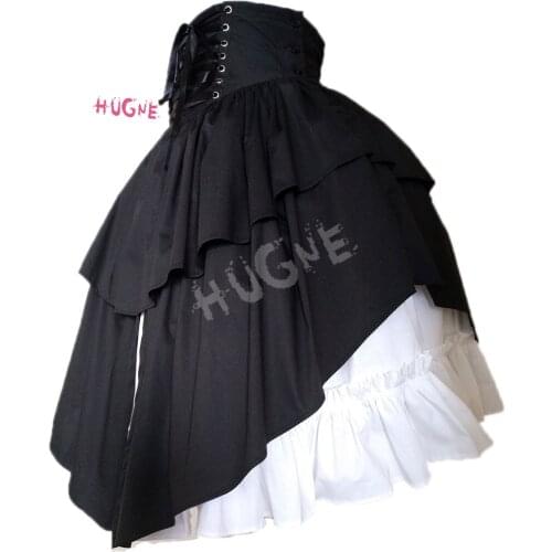 Gothic Black Lolita Skirt High Waist Ruffled Cotton Midi Skirt w. Asymmetrical Design