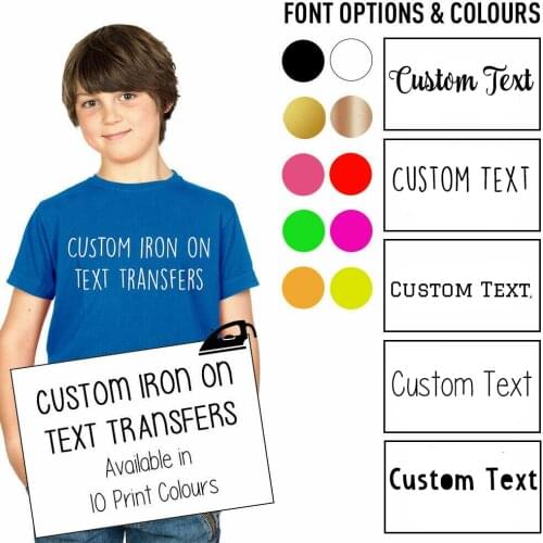 Custom Iron On T Shirt Transfer Personalised Any Text Your Name Childrens Premium Heat Vinyl Babysuit Cotton Polyester Labels
