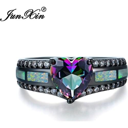 JUNXIN Bohemian Female White Fire Opal Heart Ring Fashion Rainbow Ring Black Gold Filled Jewelry Vintage Wedding Rings For Women