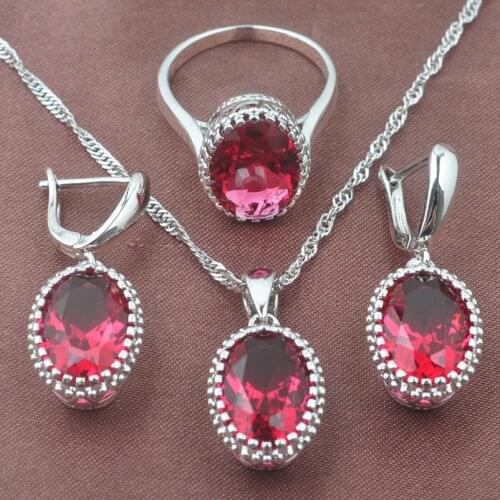 Silver Color Jewelry Set Occident Style Rose Red Zircon Oval Wedding Jewelry Necklace Pendant Earrings Ring TZ0190