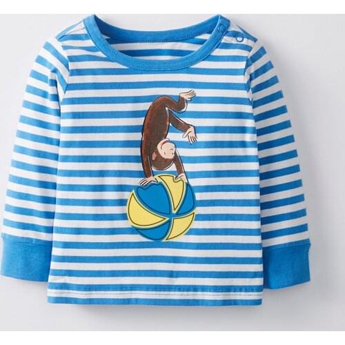 Little Maven New Autumn Spring Blue Monkey Ball Printed Full- sleeved Striped O-neck Cotton Knitted Girls Boys Casual Tshirt
